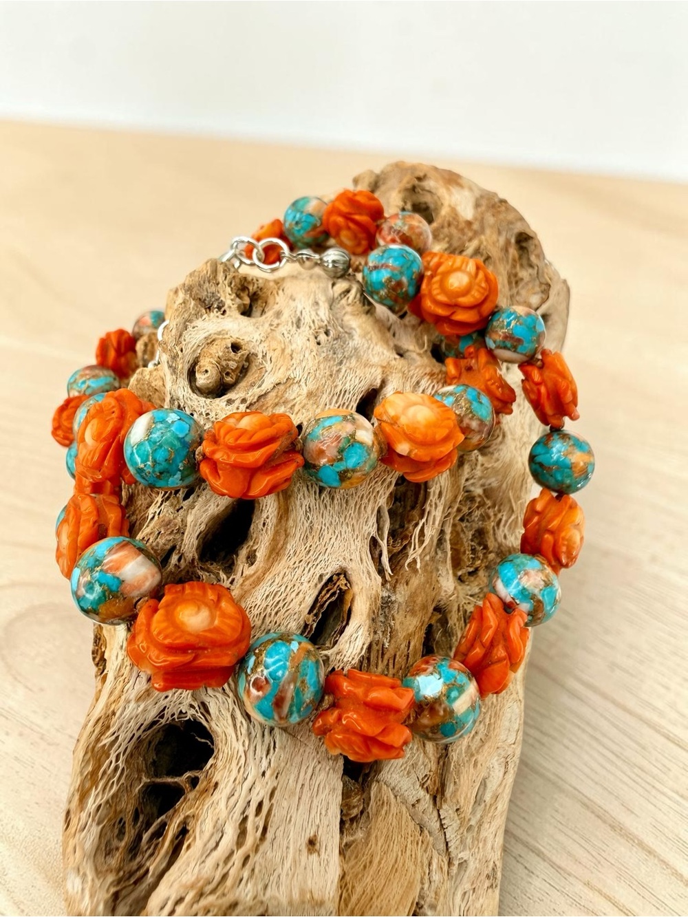 Artisan Spiny Oyster Mohave Copper Turquoise Coral Roses Sterling Necklace 18” - Picture 13 of 17